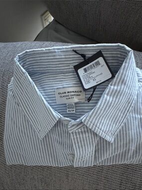 Club Monaco Blue and White Striped Oxford Button-Down Shirt